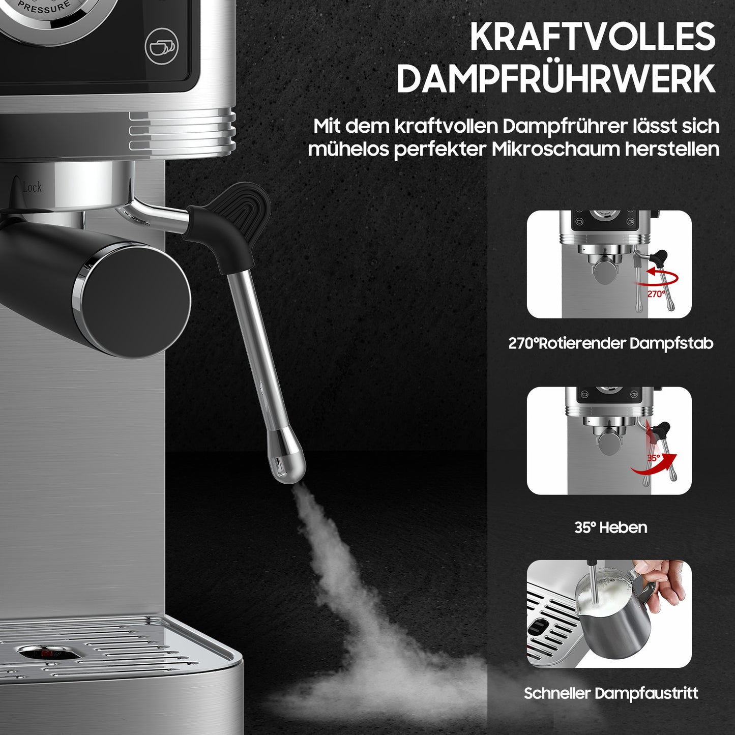 Espressomachine – Koffiezetapparaat – Koffiemachine – Halfautomaat – Compacte Espressoapparaat – 20 Bar Pomp – Roestvrijstalen Melkschuimer – 1350W Vermogen – 1,3L Waterreservoir