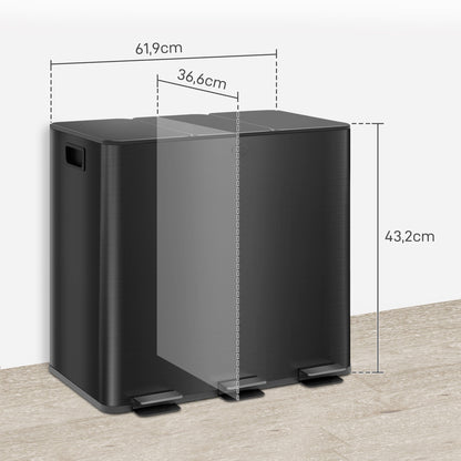 Afvalbak – Prullenbak – Vuilnisbak – Afvalcontainer – Recyclingbak – 3 x 15L Compartimenten – Vingerafdrukbestendig RVS – Soft-Close Deksels – Deodorantventilatie – Uitschuifbare Binnenbakken – Zwart