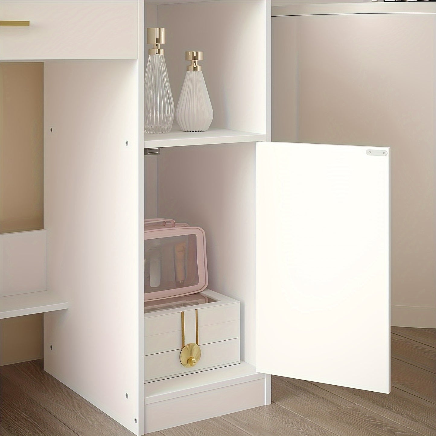 Kaptafel – Make-uptafel – Visagietafel – Schminktisch – Toilletset – Met Spiegel – 10 LED Lampjes – Verstelbare Lichtsterkte – 3 Open Planken – Inclusief Grote Lade en Kast
