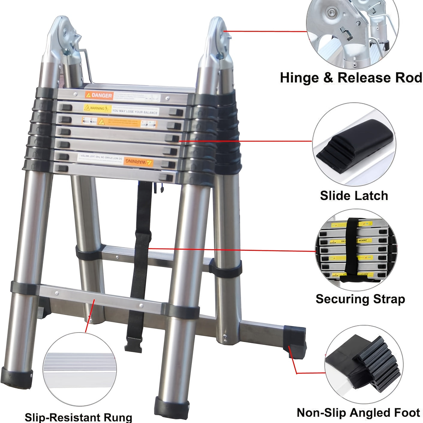 Telescopische Ladder – Uitschuiflader – Vouwladder – A-Frame Ladder – Multitrap – Roestvrij Staal – 5 Meter Hoogte – Draagvermogen 150 kg