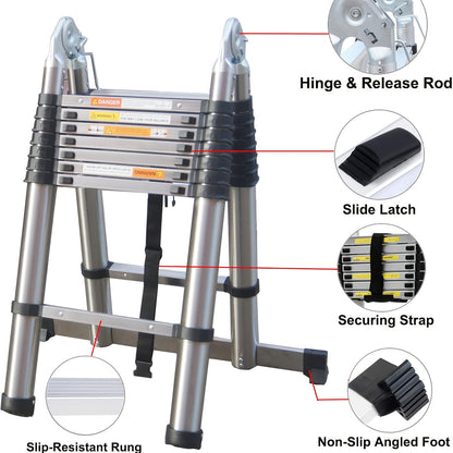 Telescopische Ladder – Uitschuiflader – Vouwladder – A-Frame Ladder – Multitrap – Roestvrij Staal – 5 Meter Hoogte – Draagvermogen 150 kg