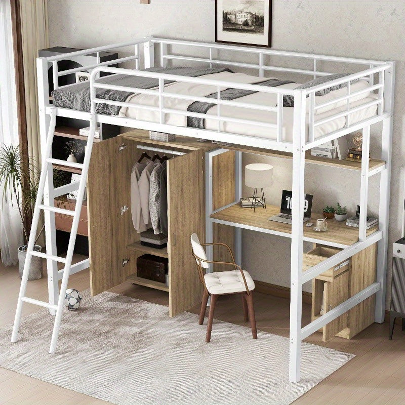 Stapelbed – Halfhoogslaper – Hoogslaper – Kinderbed – Bunkbed – Met Ingebouwde Tafel & Kast – Ruimtebesparend Twin-Over-Twin Ontwerp – Veiligheidsrail & 4-Stappen Ladder – 90x200 cm
