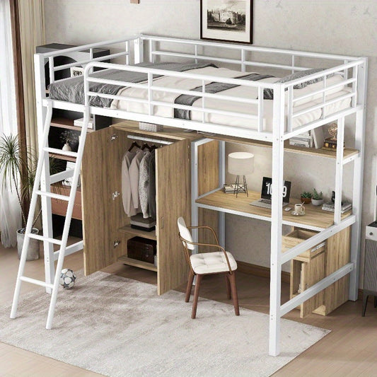 Stapelbed – Halfhoogslaper – Hoogslaper – Kinderbed – Bunkbed – Met Ingebouwde Tafel & Kast – Ruimtebesparend Twin-Over-Twin Ontwerp – Veiligheidsrail & 4-Stappen Ladder – 90x200 cm