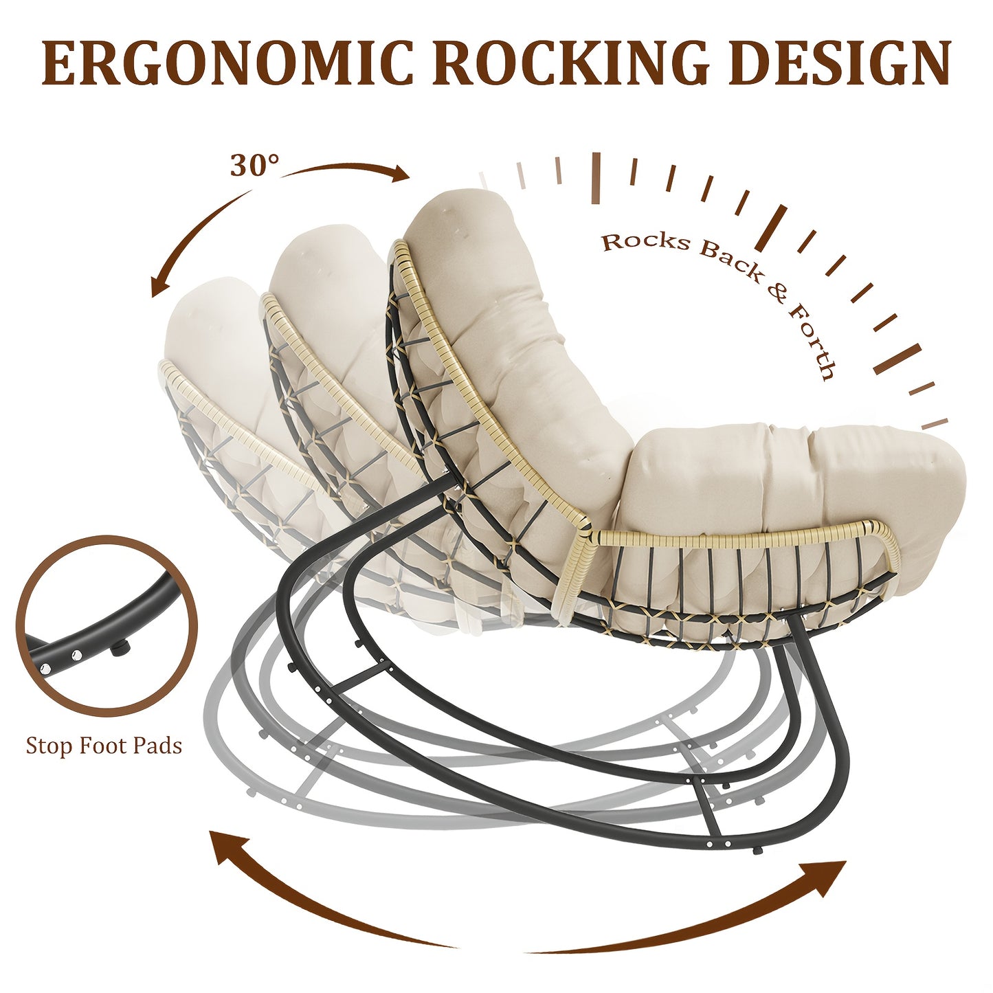 Oversized Wicker Egg Rocking Chair with Beige Cushion - Modern Indoor/Outdoor All-Weather PE Rattan & Metal Frame, Memory Foam Padding, Sturdy Rocker Base - Beige Lounge Chair for Patio, Porch, Balcony, Living Room - Easy-Cle