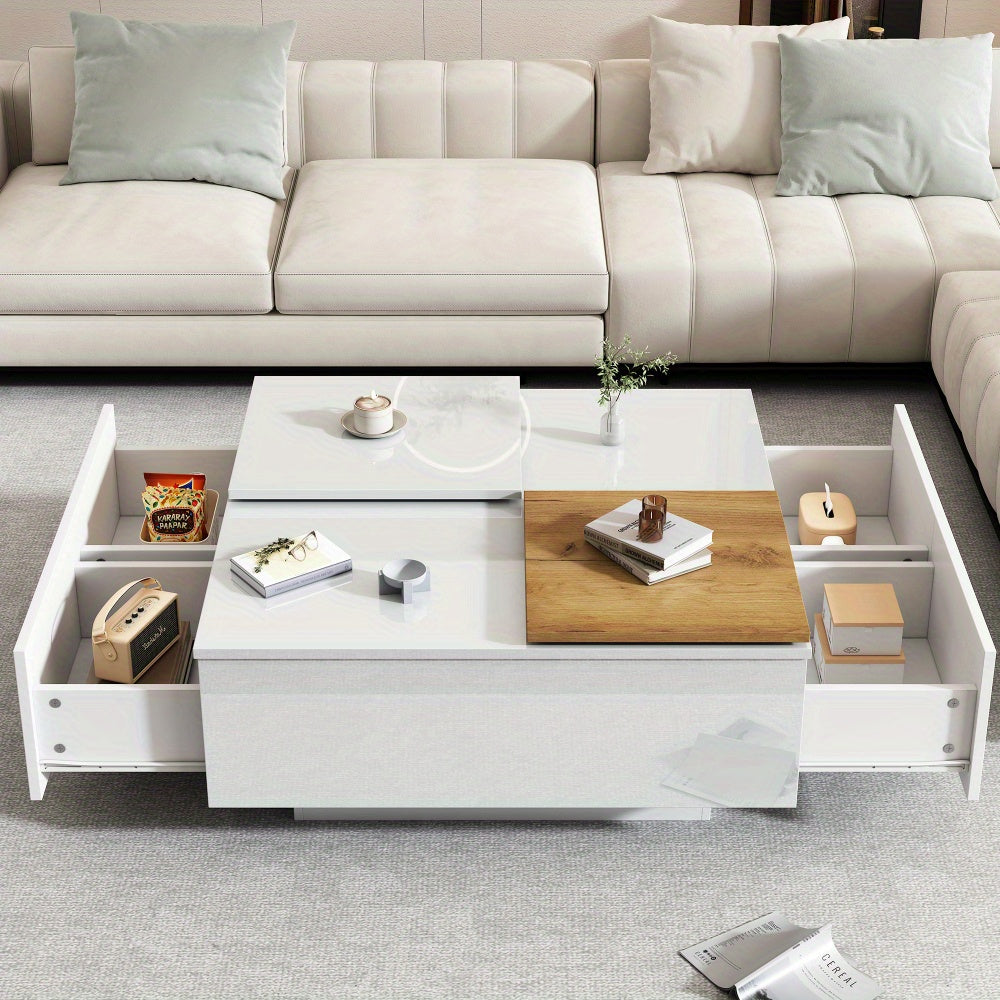 Salontafel – Koffietafel – Tafel – Tafeltje – Bijzettafel – Hoogglans Wit – Met Opbergruimte – Verplaatsbaar Tafelblad – Compact 75x75x33,5 cm