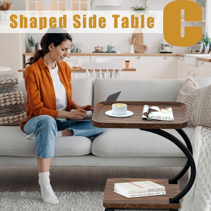 Bijzettafel – Sofa Tafel – Banktafeltje – Nachtkastje – Zijtafel – Vintage Design – Hout & Metaal – Wieltjes – Dubbel Plank – Walnoot – Geen Elektriciteit