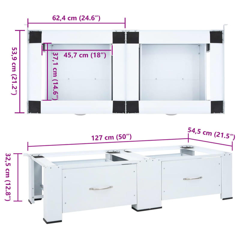 Wasmachine- en Drogerstandaard – Wasmachine Steun – Drogerverhoger – Wasautomaat Onderstel – Laundry Organizer – Stevig Stalen Frame – 2 Opbergladen – Antislipvoetjes – 200 kg Draagvermogen – Wit