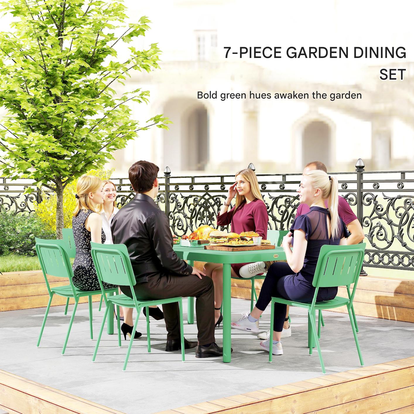 Tuinset – Tuinmeubel – Buitenmeubilair – Bistroset – Eettafelset – Groen – 7-delig – 150 cm Lattenblad – Roestvrij Gepoedercoat Staal