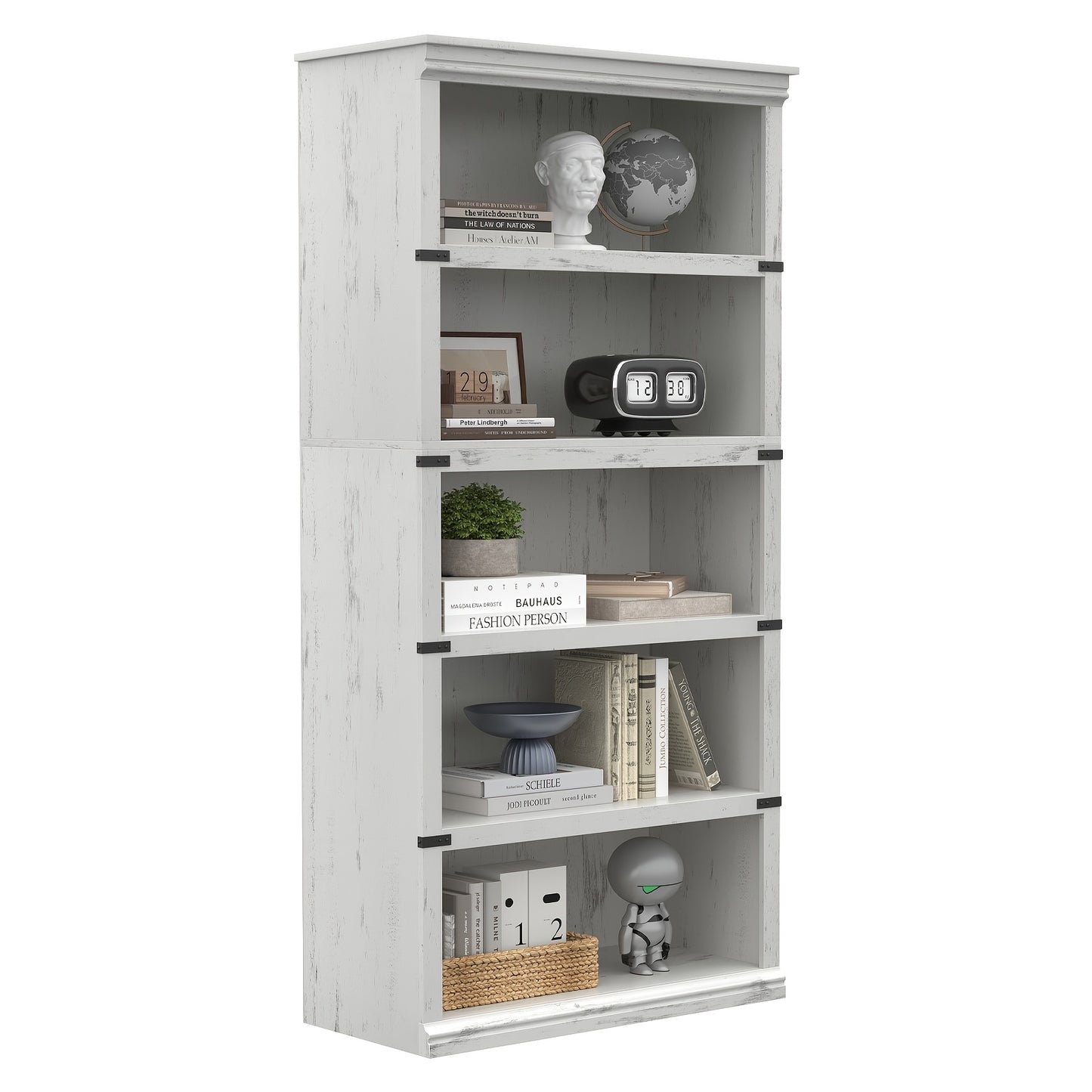 TACKVIEW Retro Style Bookcase - 800x320x171, 5.08 cm Antique White/Black Wooden Shelf with 6 Shelves, 2 Drawers & 2 Open Shelves, Freestanding Vertical Storage for Living Room, Bedroom, Office - Easy Assembly, Durable MDF & W