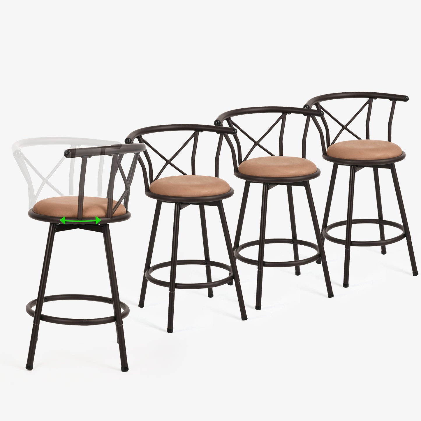 Barkruk – Barstoel – Keukenstoel – Bistrokruk – Draaistoel – 360° Draaibaar – Zachte Stoffen Zitting 63 cm Hoog – Stabiel Metalen Frame Bruin