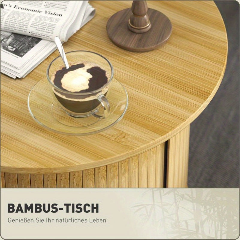 Ronde Bijzettafel – Salontafel – Tafel Met Opbergruimte – Sofa Tafeltje – Schuifdeur Kastje – Bamboe Materiaal – Weerbestendig Design 60x45 cm