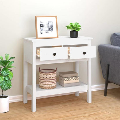 Sidetable – Haltafel – Wandtafel – Console – Opbergtafel – Massief Pijnhout – Vrijstaand Wit – Lade En Open Vak