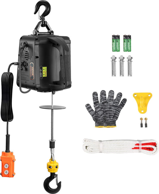 Elektrische Lier - Draagvermogen Touwtakel - Hefsnelheid ≥4m/min Motorlier - 2 in 1 - 498,95KG - 7m Hoog - 1500W - 2 Bedieningsmodi Handmatige/Bedrade Afstandsbediening - Zwart - QUORE