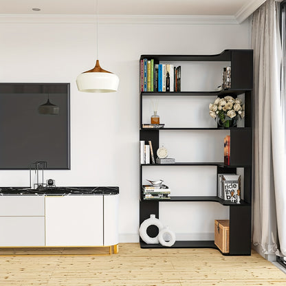 Boekenrek Hoekboekenkast Boekenplank Vakkenkast Stellingkast – Zwart – 5-laags – Hardhout & Spaanplaat – Vrijstaand Triangel Ontwerp – Ruimtebesparend – 68,5 cm Hoog – Eenvoudige Montage Zonder Gereedschap
