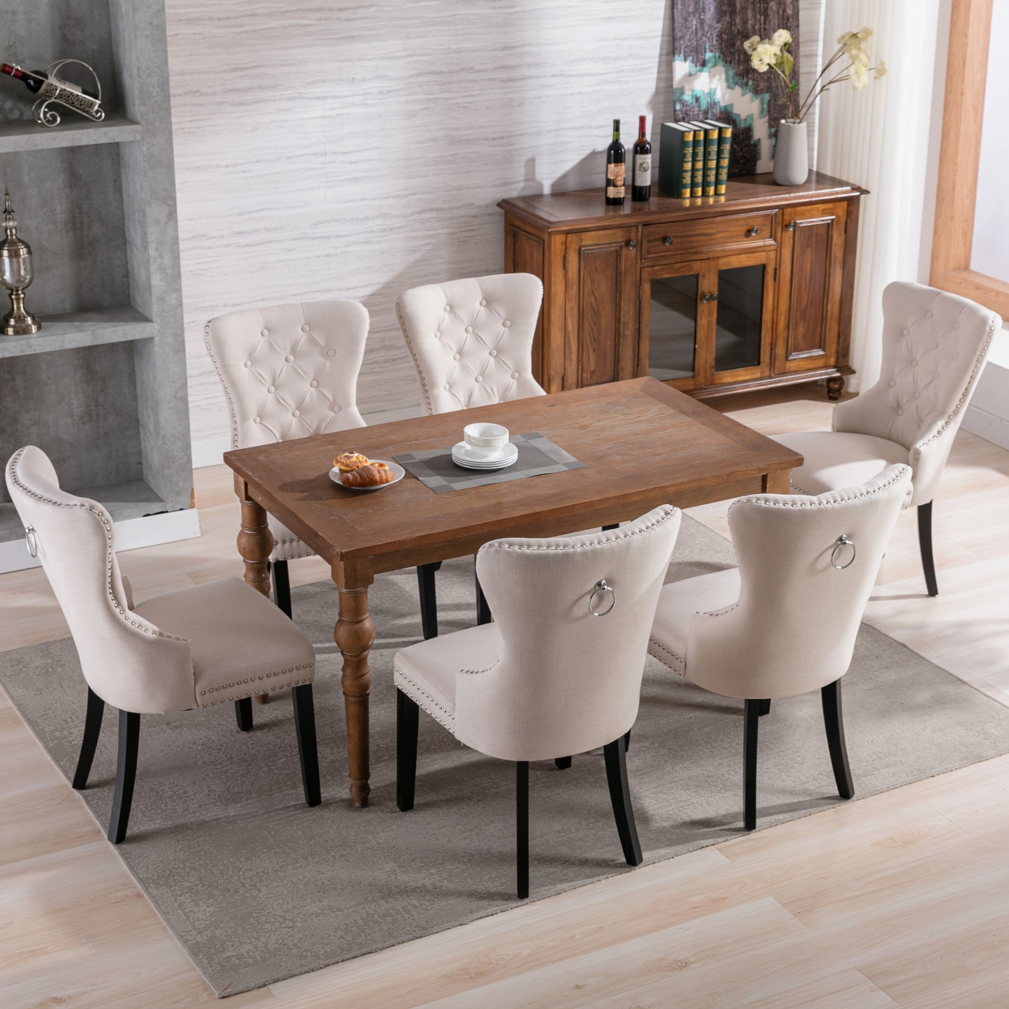 Linnen Eetkamerstoel – Stoel – Eetkamerstoel Set – Designstoel – Woonkamerstoel – Set van 6 – Beige Linnen Bekleding – Stevige Eiken Poten met Chroomaccenten