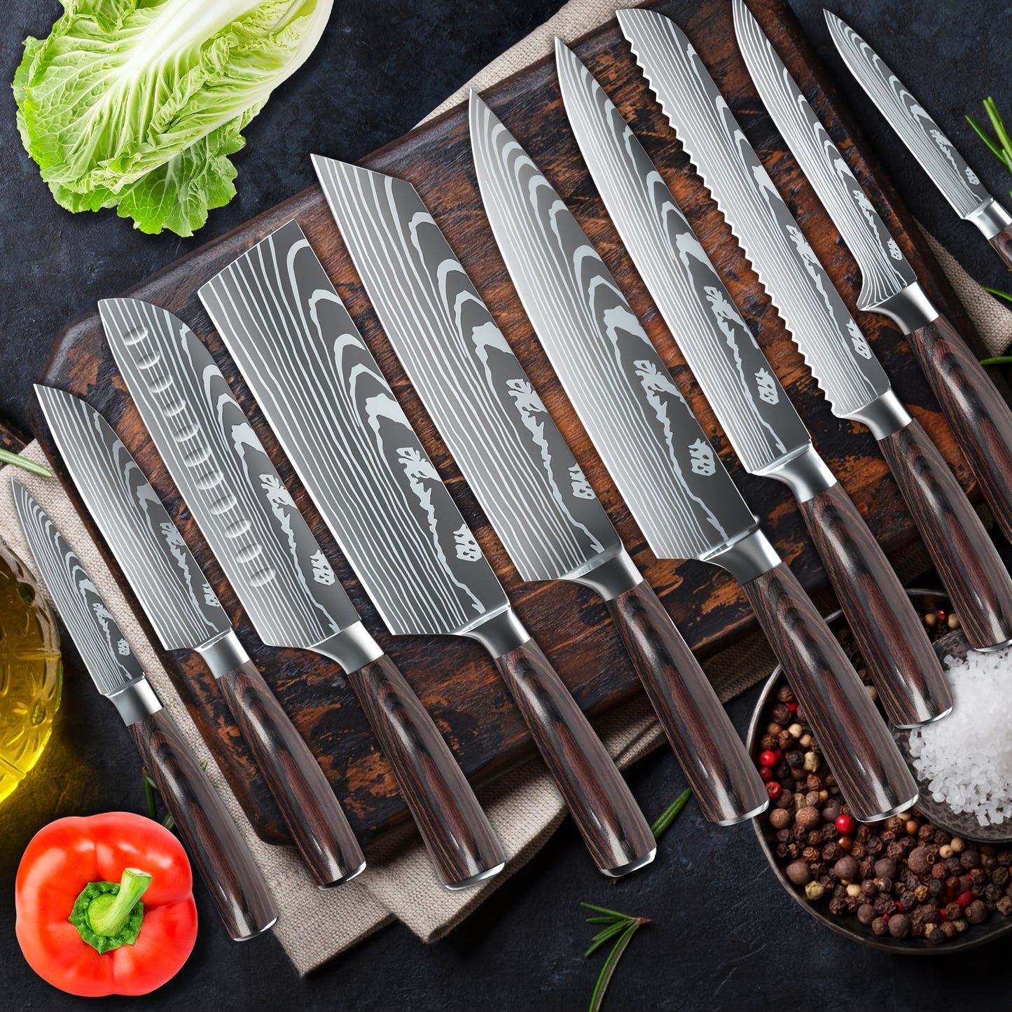 Professional Japanese Chef Knife Set, 10pcs Chef'S Knife Set, High-carbon Stainless Steel, Kitchen Knife, Paring Knife, Santoku, Cutting Knife, Chef'S Knife For Meat, Fruit, Vegetables, Cooking Knife With Gift Box