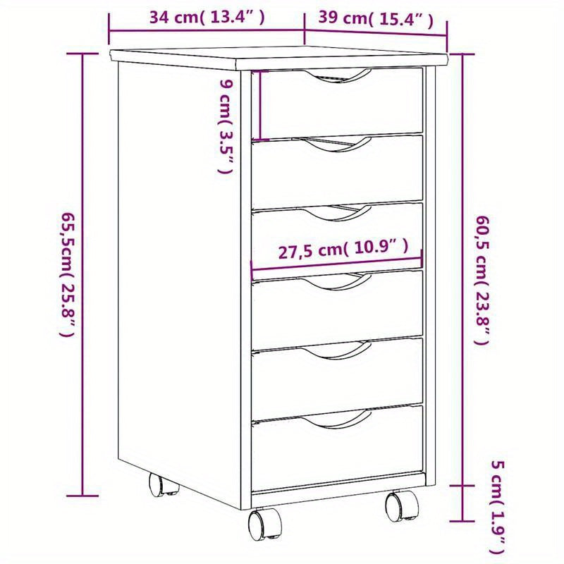 Rollende Ladenkast – Opberkkast – Mobiele Ladenunit – Bureaukast – Opbergmeubel – Massief Grenen – 5 Lades – Wit MOSS Afwerking – 68,6 cm Hoog – Ruimtebesparend – Eenvoudige Montage