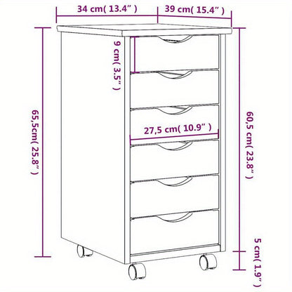 Rollende Ladenkast – Opberkkast – Mobiele Ladenunit – Bureaukast – Opbergmeubel – Massief Grenen – 5 Lades – Wit MOSS Afwerking – 68,6 cm Hoog – Ruimtebesparend – Eenvoudige Montage
