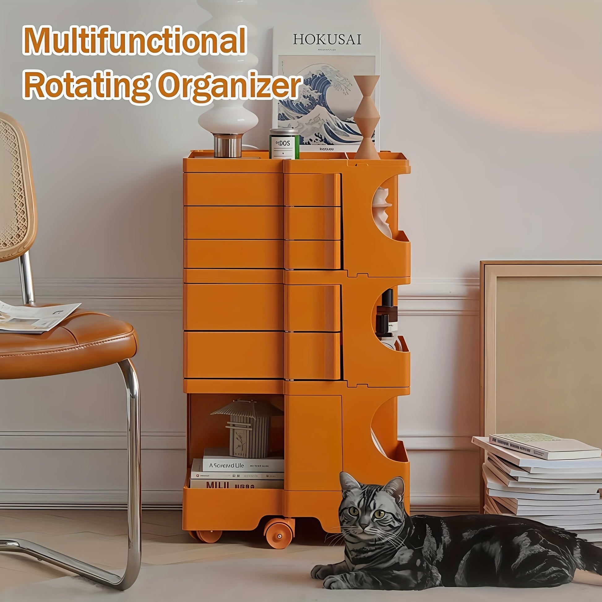 Verrijdbare Opbergkast – Rollende Kast – Organizer – Opbergrekje – Mobiele Kast – Scandinavisch Design – Waterbestendig PVC – Vijf Ruime Schappen – Tangerine - QUORE