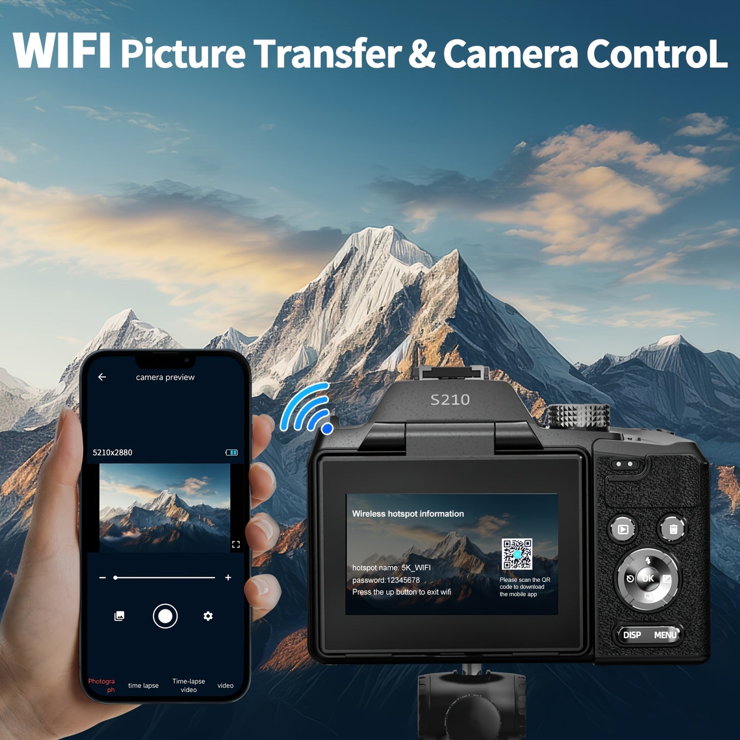 Digitale Camera – Vlogcamera – Fotocamera – Compact Camera – Zoomcamera – 64MP Sensor – 16x Optische Zoom – 180° Kantelbaar Scherm – WiFi & App-bediening – Zwart