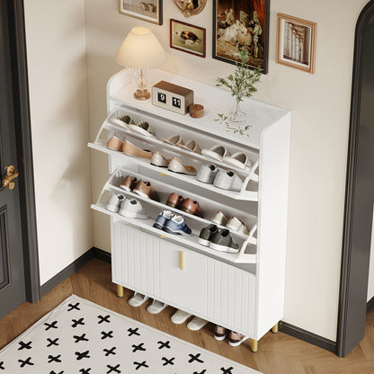 Narrow Space-Saving White Shoe Cabinet with 3-Tier Stops & 6-Compartment Shoe Rack - Adjustable -Standing Entryway Storage Unit with Anti-Tilt Device, Compact Modern Shoe Suitable for Hallway, Apartment, Small