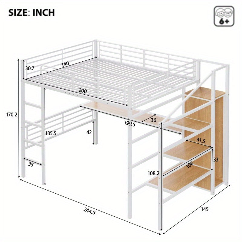 Hoogslaper – Stapelbed – Kinderbed – Eenpersoonsbed – Meubel – Met Bureau en Open Kledingrek – 140x200 cm – Wit Metaal – Stevig Frame & Ruime Opbergruimte