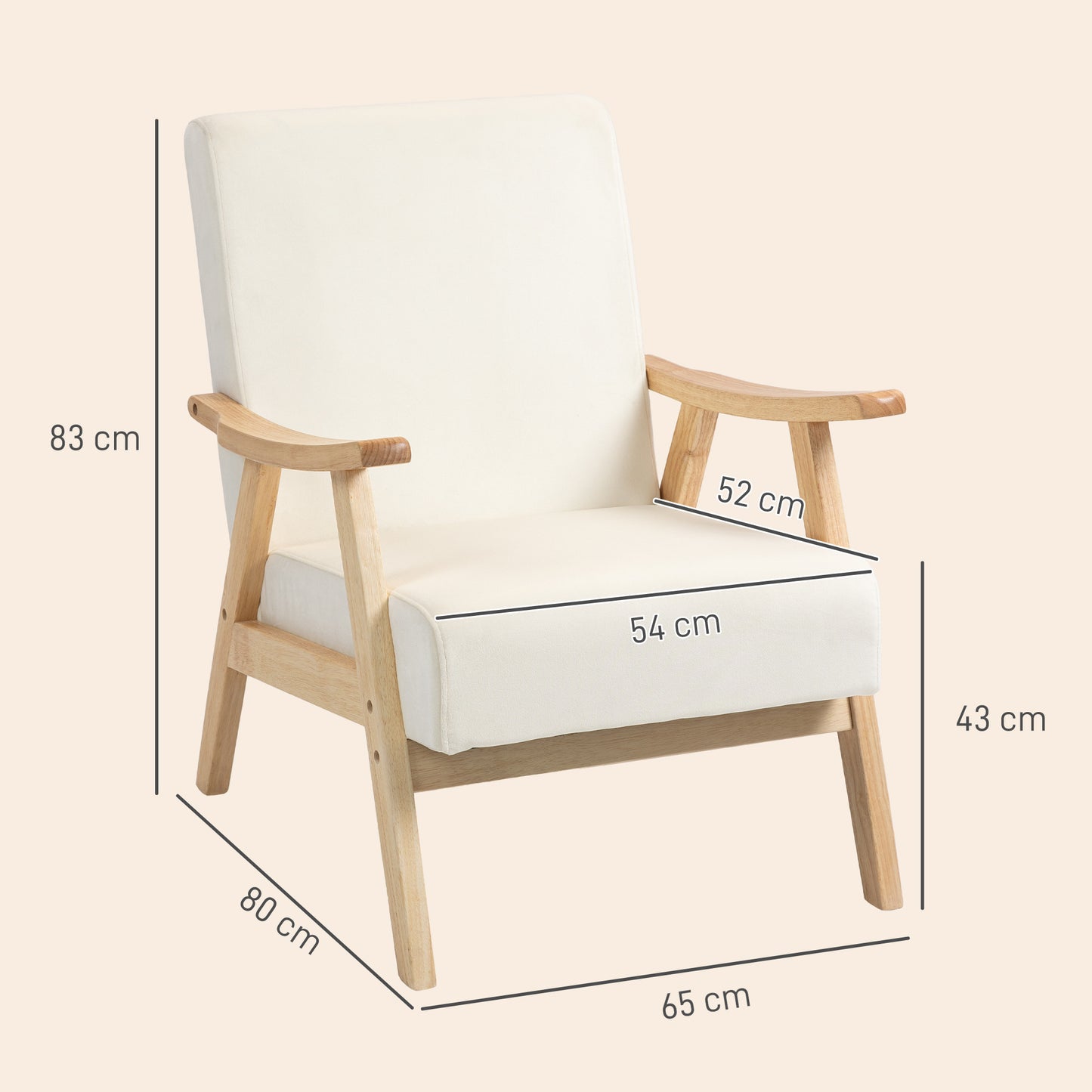 Fauteuil – Zetel – Relaxstoel – Armstoel – Crèmewit – Rubberwood Frame – Comfortabele Schuimvulling