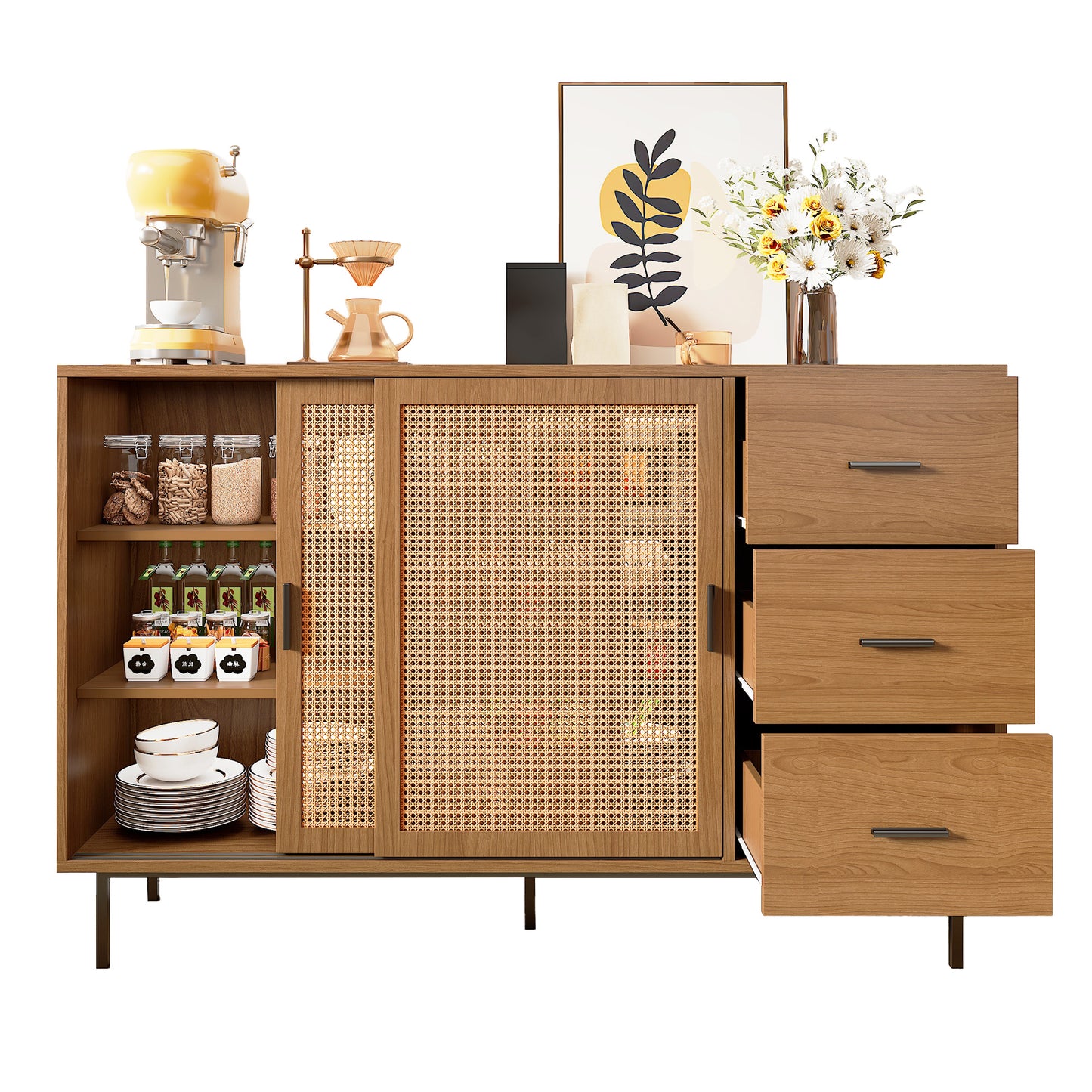 Sideboard – Dressoir – Buffetkast – Opbergkast – Kast – Modern – Houtlook Met Rattan – 140x37x91 cm – 3 Laden Met Verstelbare Planken