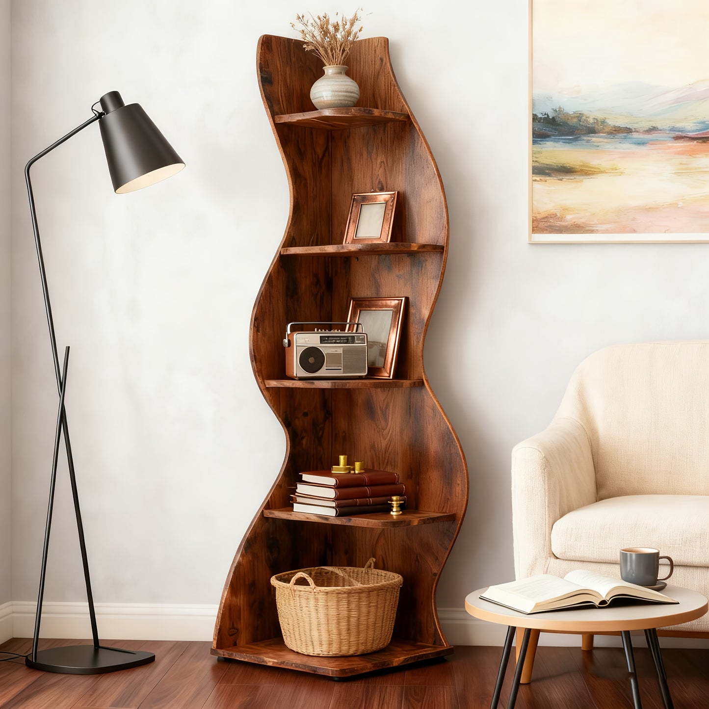Boekenplank – Boekenkast – Wandplank – Boekenrek – Opbergrek – Golvend Modern Design – 5 Ruime Planken – Massief Hout & MDF – Vrijstaand Retro Bruin