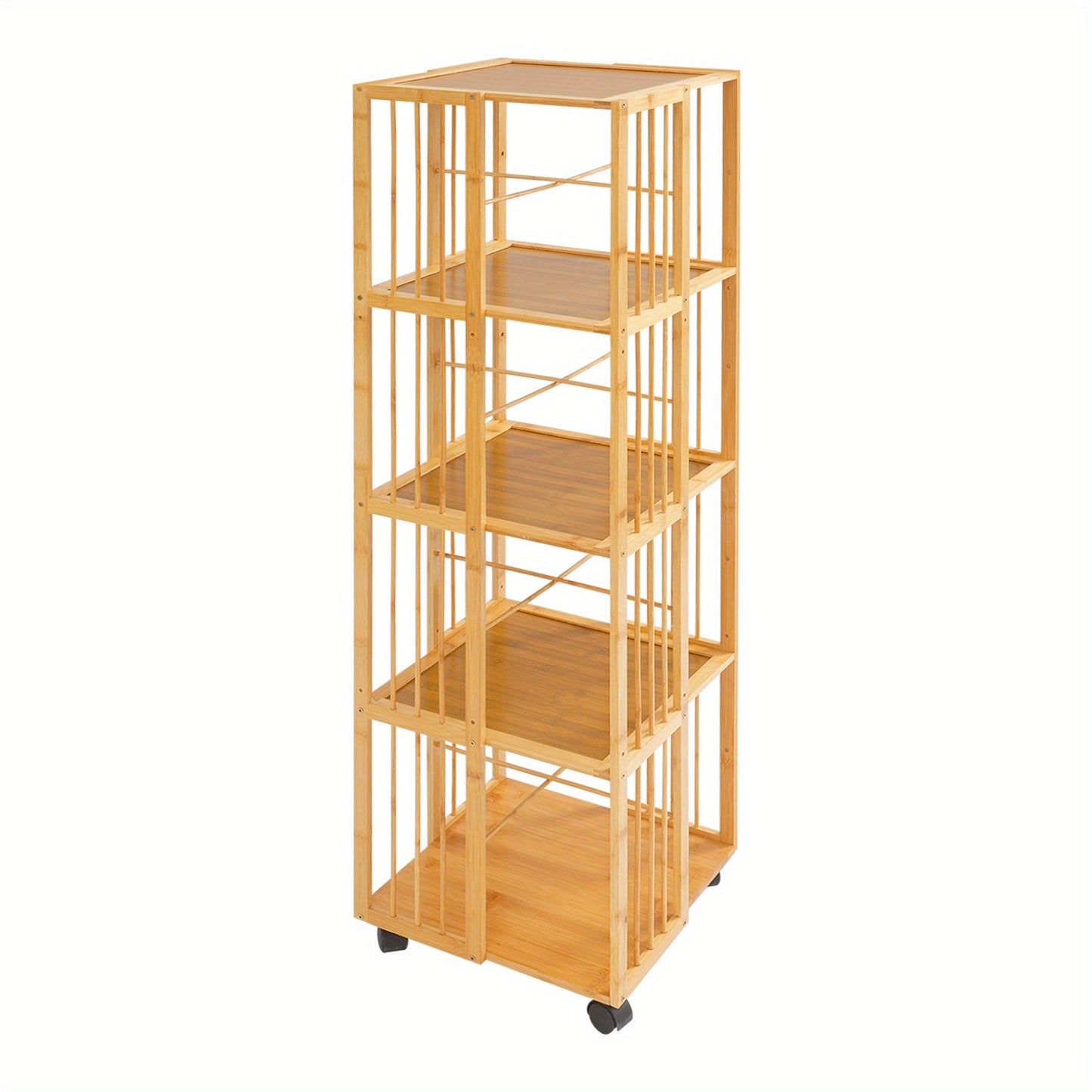Boekenrek – Boekenkast – Boekenplank – Opbergkast – Vakkenkast – 5 Lagen – Bamboe – Mobiel met Remmen – 132x37x37 cm – Max. 100 kg – Natuurlijk Hout