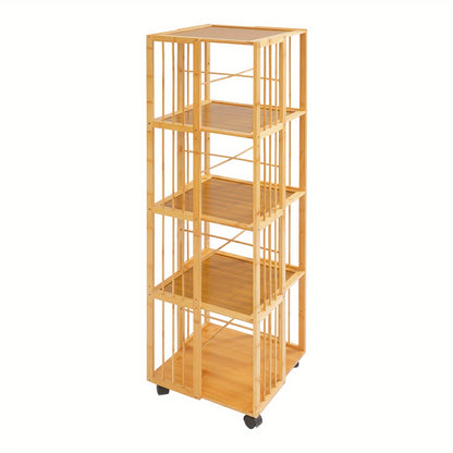 Boekenrek – Boekenkast – Boekenplank – Opbergkast – Vakkenkast – 5 Lagen – Bamboe – Mobiel met Remmen – 132x37x37 cm – Max. 100 kg – Natuurlijk Hout