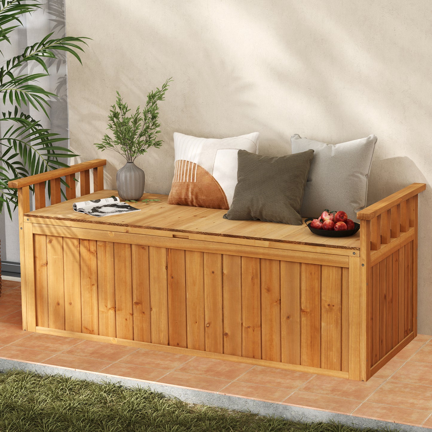 Houten Tuinbank – Tuinmeubel – Buitenbank – Opbergbank – Balkonbank – Met Rugleuning En Armleuningen – Duurzaam Vurenhout – Weerbestendig Met Opbergruimte