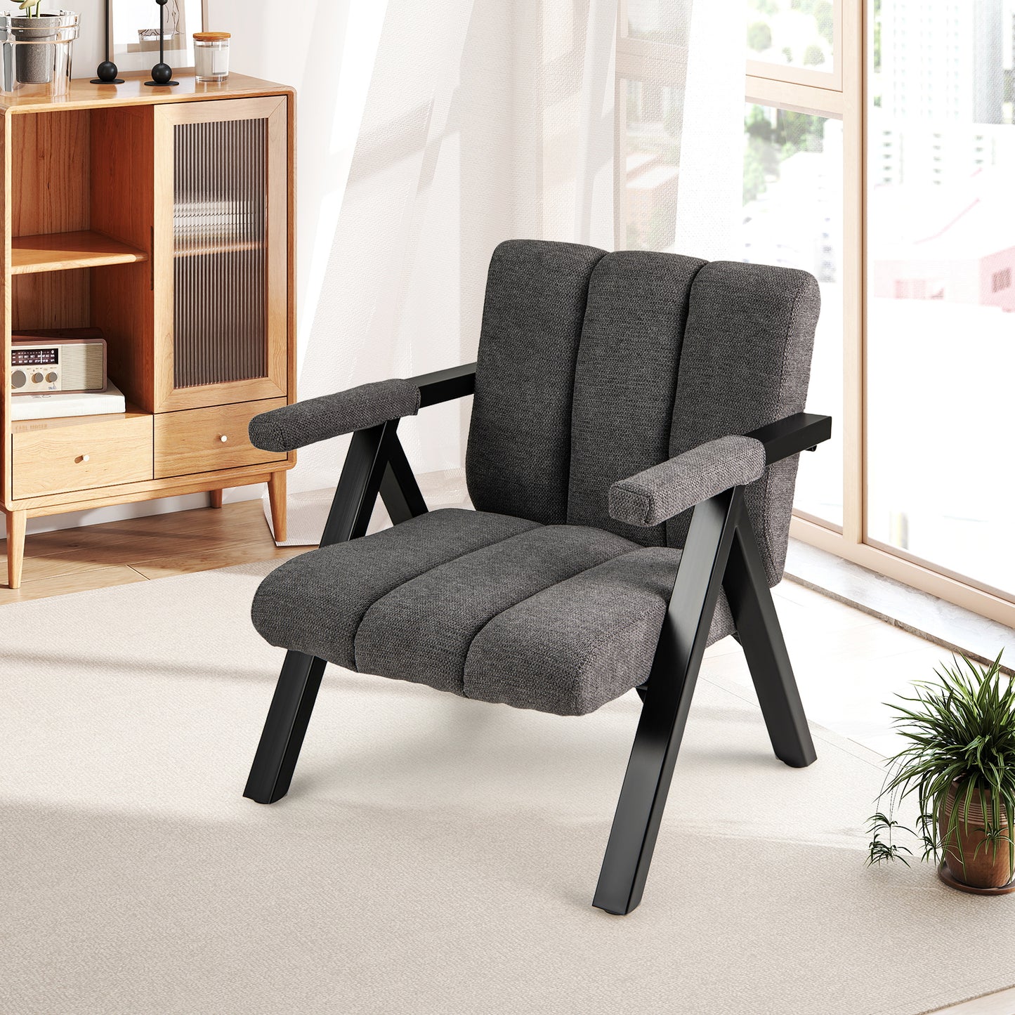 Oversized Fauteuil – Accent Stoel – Leunstoel – Relaxstoel – Armstoel – Mid-century Modern – Comfortabele Zitting – Stevig Metalen Frame – Grijs Zwart