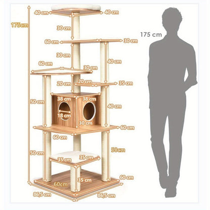 Krabpaal – Kattenboom – Kattenmeubel – Krabmeubel – Krabton – 7-laagse houten kattenboom – Sisal krabpalen en wasbare kussens – Retro bruin-beige design