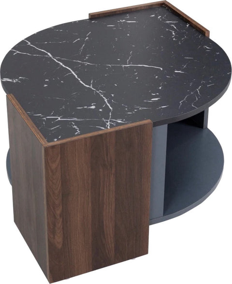 Salontafel - Donker Marmeren Salontafel - Walnoot - Woonkamertafel - Salontafel rond - Salontafel met opbergruimte
