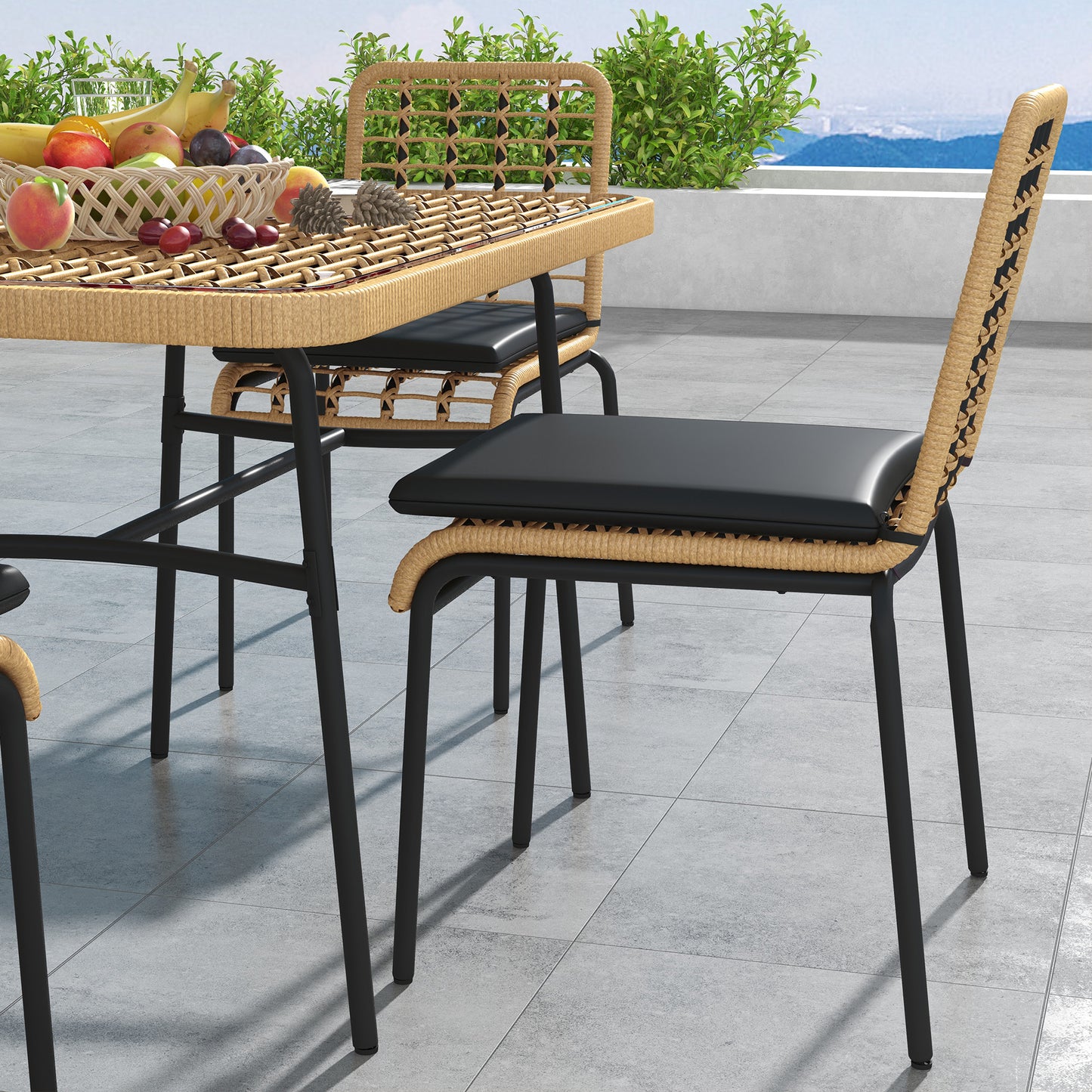 Tuinset 5-delig – Tuinmeubelset – Terrasset – Diningset – Balkonset – Zwart – Met Geharde Glas Tafel – Inclusief Zachte Kussens