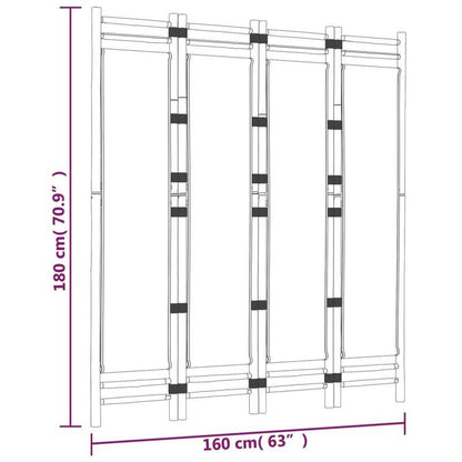 Kamerscherm – Room Divider – Scheidingswand – Privacy Scherm – Vouwscherm – 4-Paneel – Bamboe Frame – Zwarte Stof – 160 cm Hoog – Inklapbaar & Ruimtebesparend