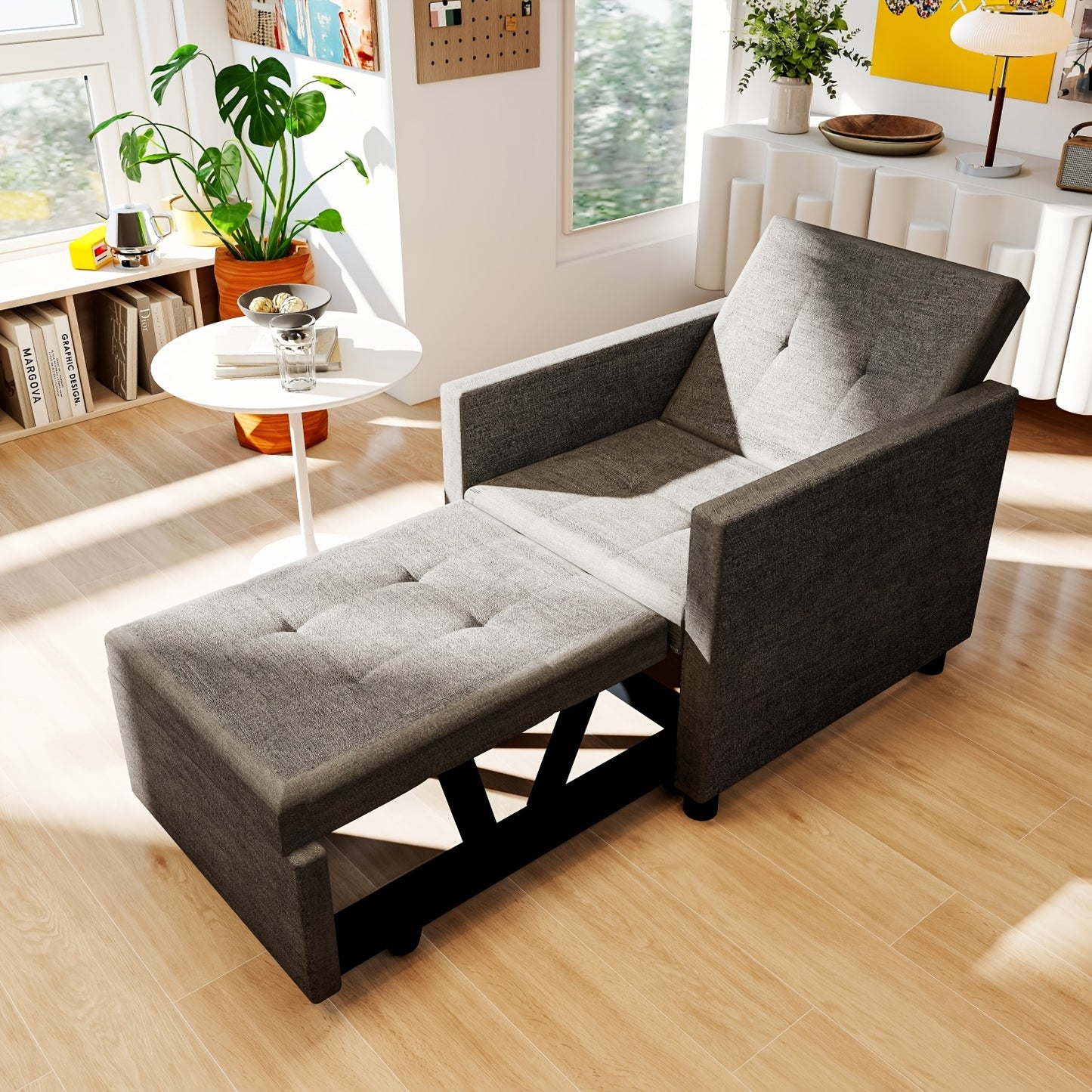 3-in-1 Sofa Bed Chair: Convertible Sleeper with Adjustable Backrest & Foldable Pull-Out Bed - Space-Saving Single Sofa Suitable for Small Apartments, Dorms, Studios - Assembly, Sturdy Frame, Modern Light Grey