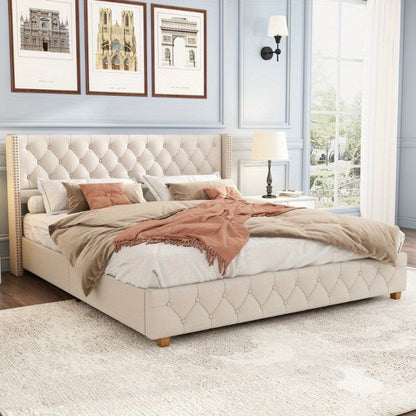 Polsterbed – Bedframe – Slaapbed – Bed – Ledikant – Metalen Frame – 160x200 cm – Linnen Bekleding met Knopen