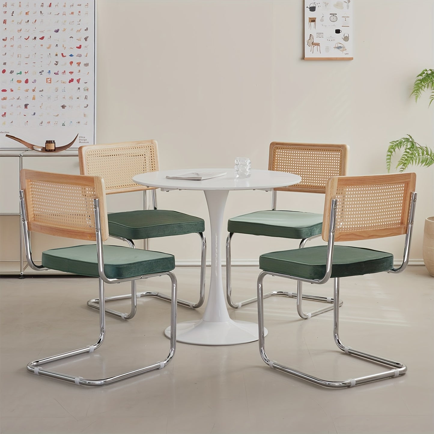Retro Stoelen – Eetkamerstoel – Bureaustoel – Lounge Stoel – Rattan Stoel – Groene Velvet Bekleding – Lichtgewicht Metalen Frame