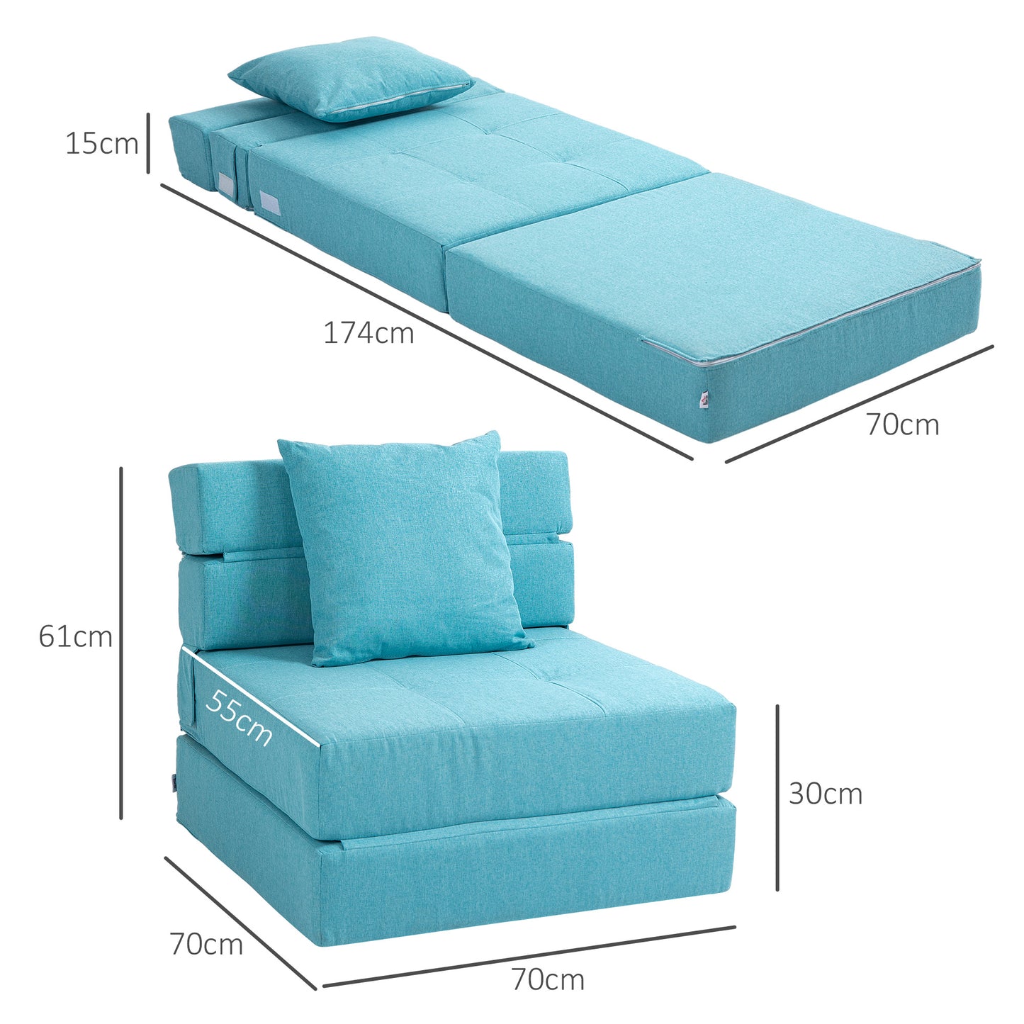 Slaapstoel – Relaxstoel – Logeerstoel – Guestbed – Opklapbed – Lichtblauw – Afneembare Wasbare Hoes – Compact Formaat 70x70x61 cm