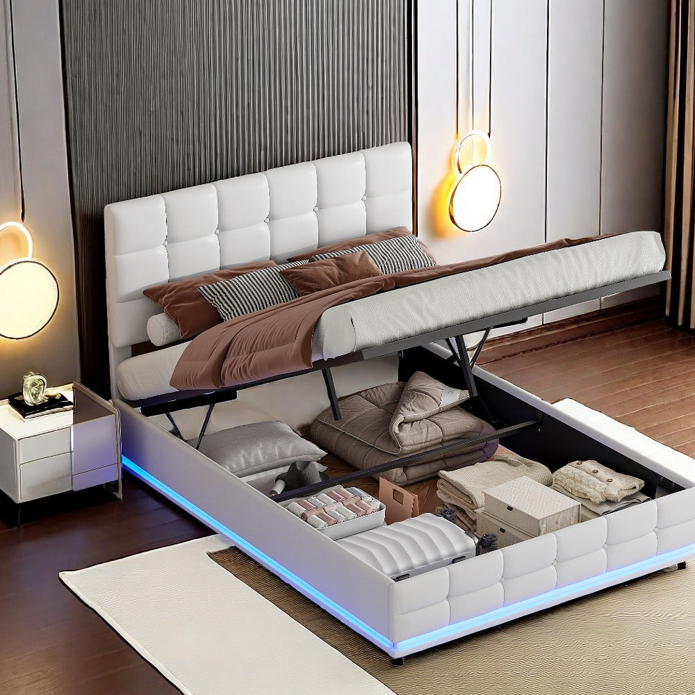 Tweepersoonsbed – Bedframe – Led Bed – Opbergbed – Gestoffeerd Bed – Grote Opbergruimte – USB-LED Verlichting
