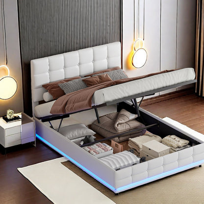 Tweepersoonsbed – Bedframe – Led Bed – Opbergbed – Gestoffeerd Bed – Grote Opbergruimte – USB-LED Verlichting