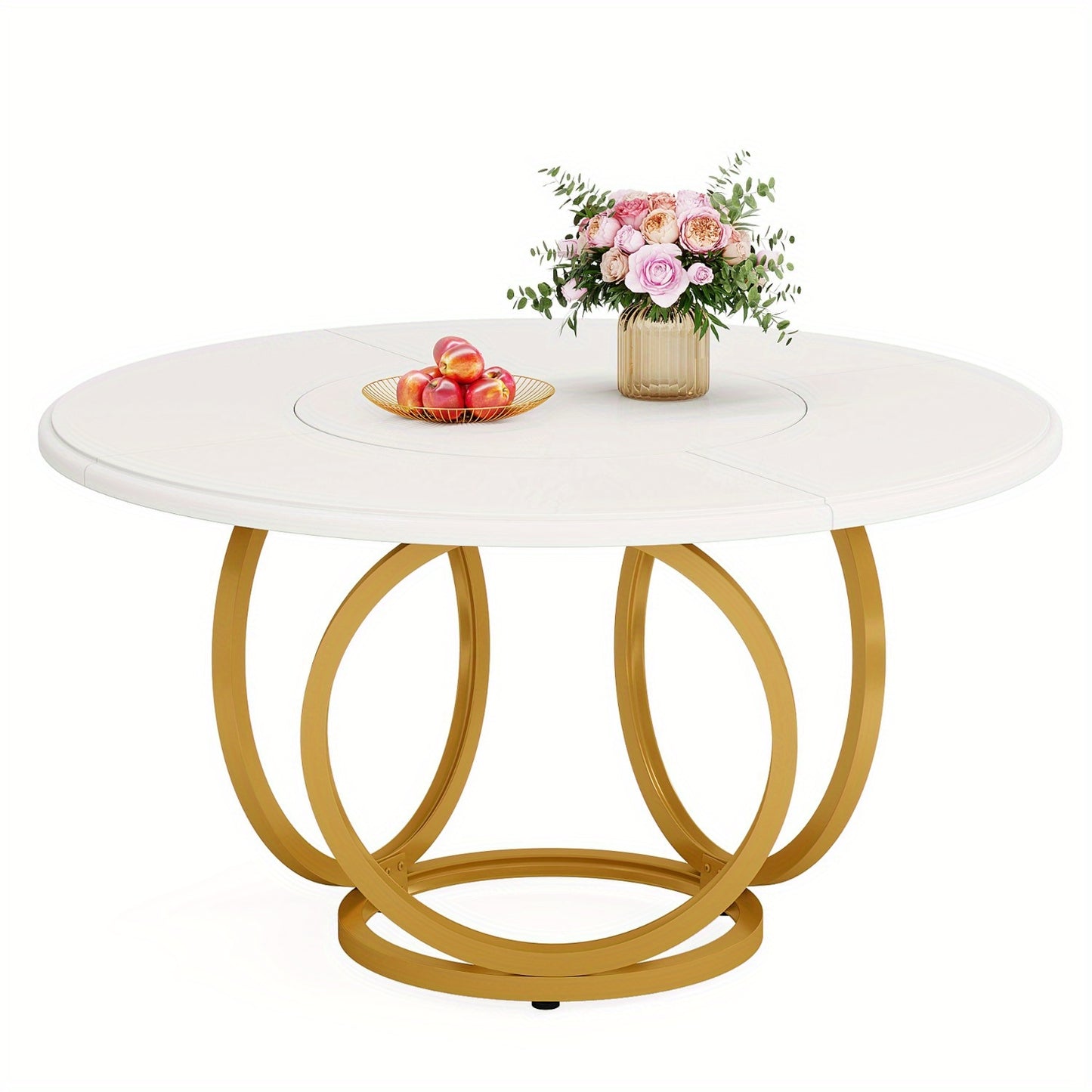 Ronde Eettafel – Ronde Tafel – Keukentafel – Eetkamertafel – Salontafel – MDF Tafelblad – Gouden Metalen Onderstel – 120 cm Diameter – Geschikt Voor 4-6 Personen