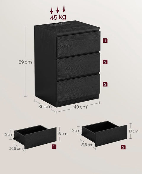 Nachtkastje set van 2 - Slaapkamer - Modern - Ebbenhout zwart - 3 lades - Met stopcontact