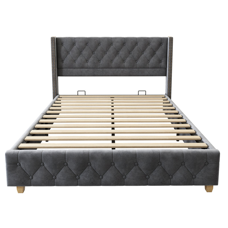 Bedframe Queen – Gestoffeerd Tweepersoonsbed – Platformbed – Bedframe Met Hoofdbord – Lits-Jumeaux – Grijs Fluweel – Lattenbodem – Stijlvol Button-Tufted Hoofdeinde