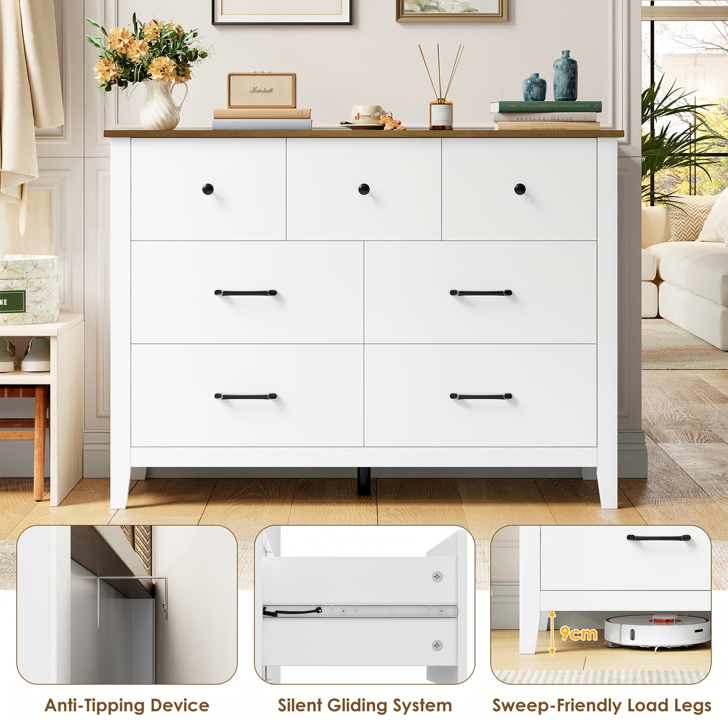 Ladekast – Ladekastje – Ladenkast – Commode – Dressoir – 7 Lades – Wit Met Houtlook – Compact 40x106x81 cm