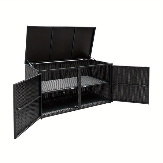Opbergkast Buiten – Tuinkast – Opbergbox – Tuinkastje – Buitenkast – 2-laags Rattan – Weerbestendig Met Metalen Frame – 115x60x65 cm
