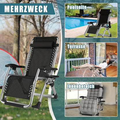 Lounge Stoel – Relaxstoel – Tuinstoel – Campingstoel – Balkonstoel – Verstelbare Rugleuning – Inklapbaar Met Draagbaar Metalen Frame – Zachte Katoenen Kussens – Met Dienblad – Zwart 65 cm