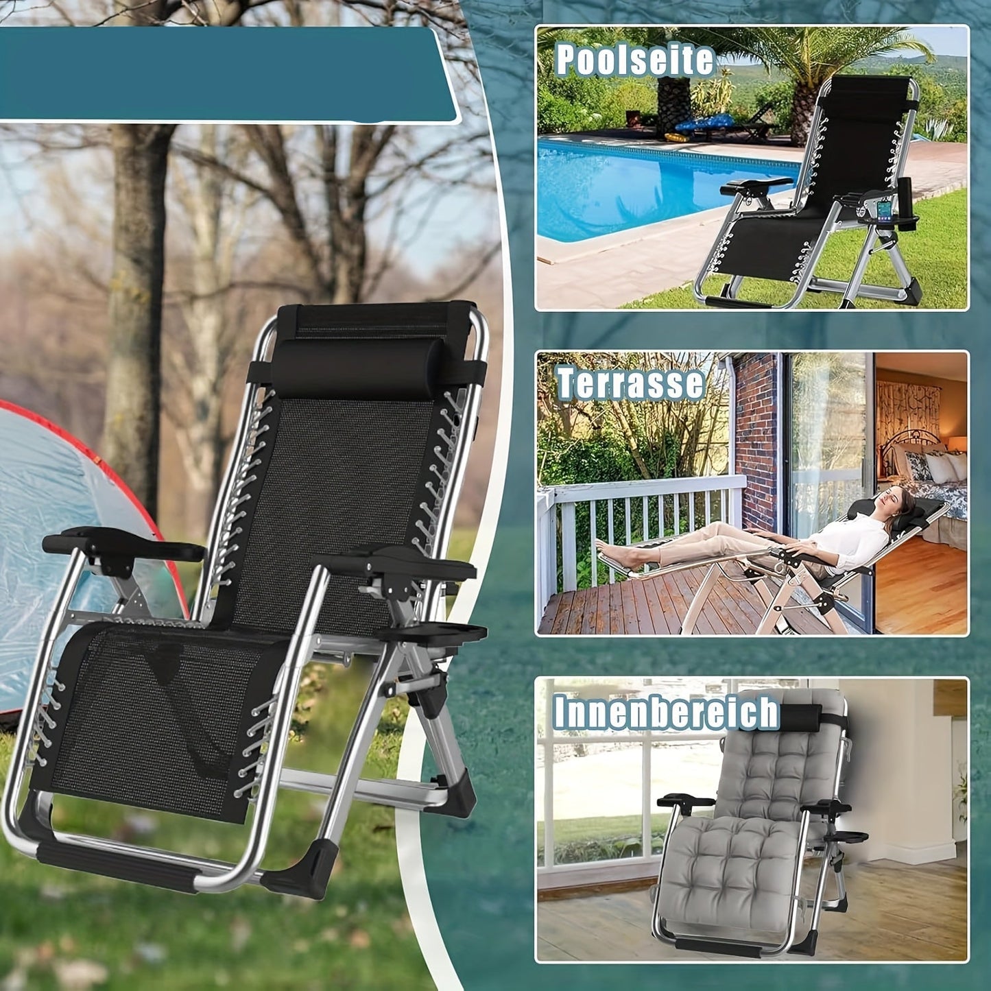 Inklapbare Loungestoel – Campingstoel – Tuinstoel – Balkonstoel – Relaxstoel – Verstelbare Rugleuning – Uitneembare Kussens – Stevig Metalen Frame – Inclusief Hoofdsteun en Zijtafel – Silvery 65 cm